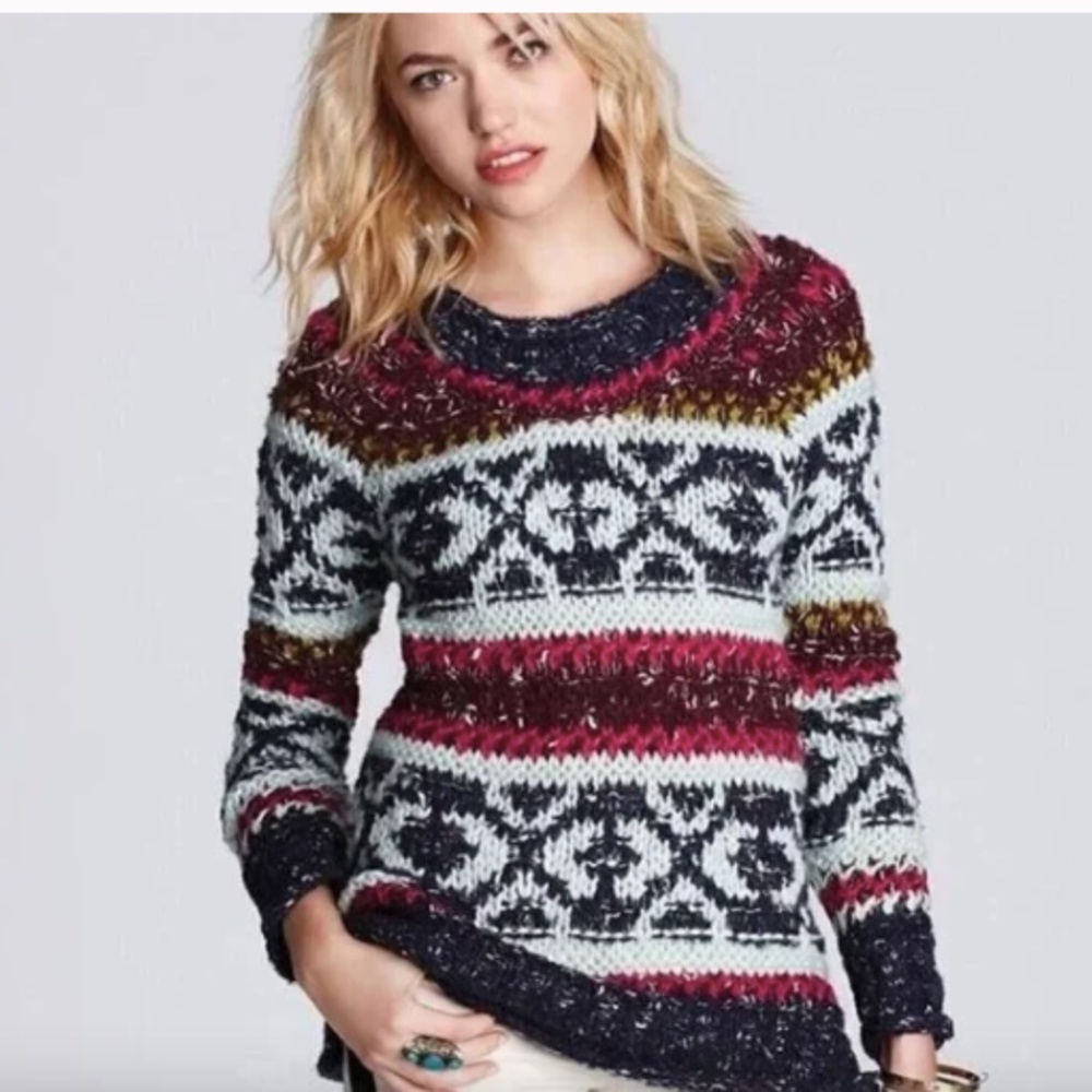 Free People Silver Reed Fair Isle Chunky Knit Sweater XS Boho Nordic Pullover
